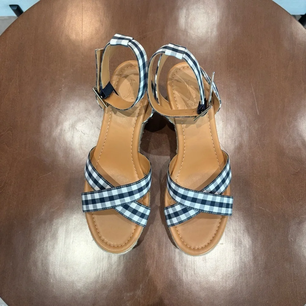 NWOT J. Crew Gingham flatform espadrilles Wedges, Size 8